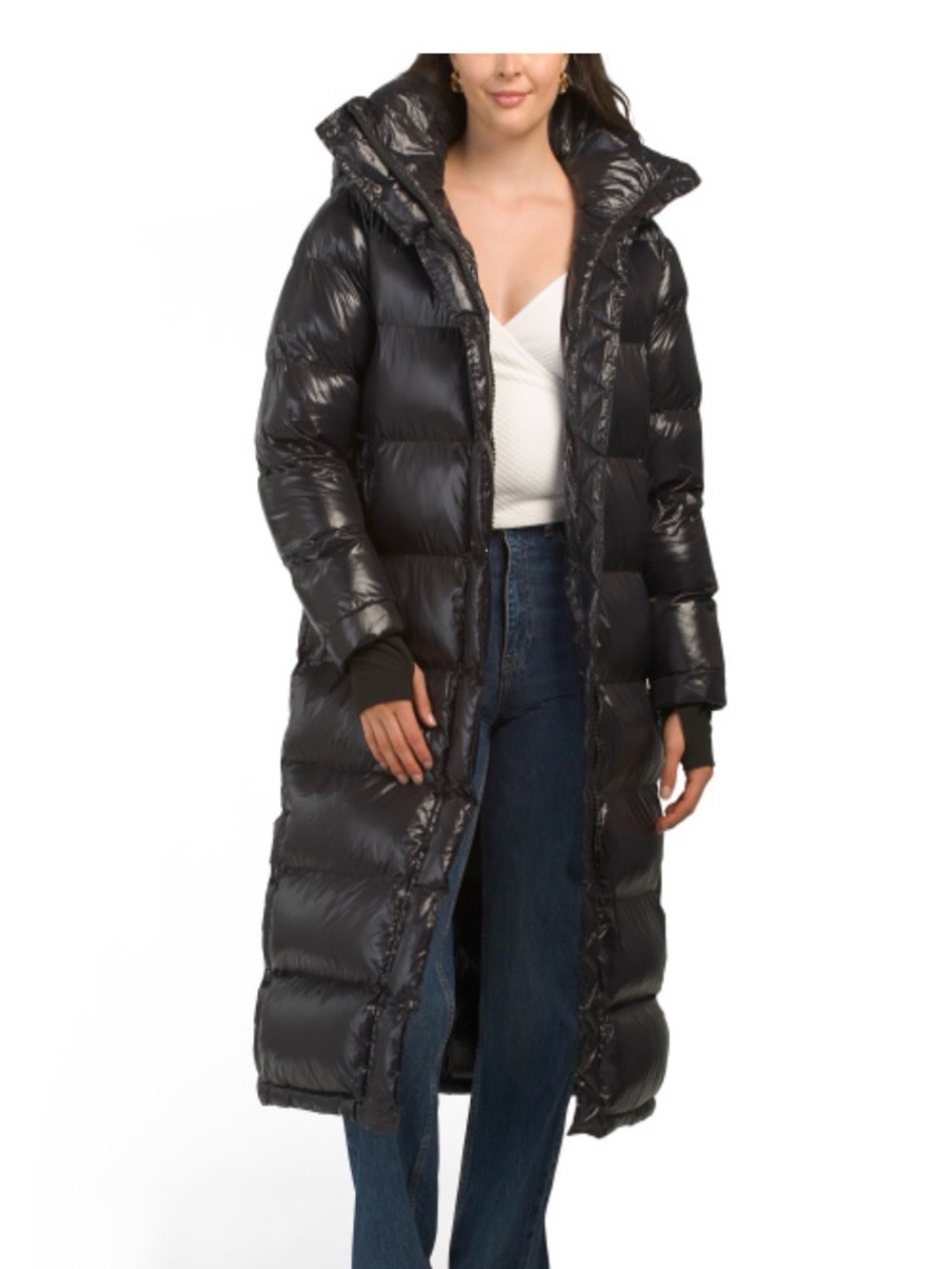 S13 Maxi Length Glossy Puffer Coat in Jet Black, womens small - like new